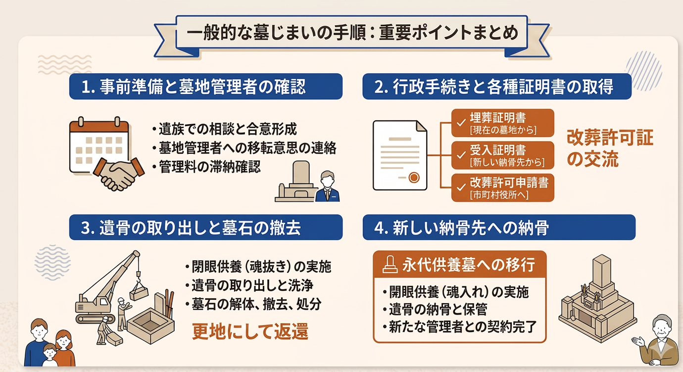 墓じまいの全国共通の一般的手順を示す図解